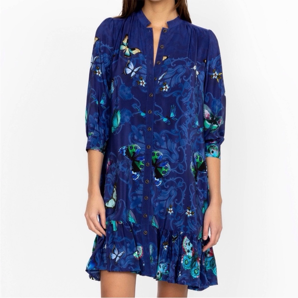 Johnny Was Riley Blue Butterfly Silk Mini Dress